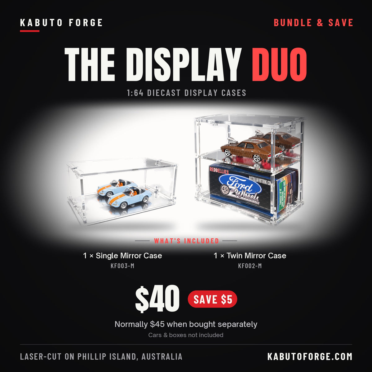 The Display Duo bundle: what's included - 1 × KF003-M Single Mirror Case + 1 × KF002-M Twin Mirror Case, $40 (save $5)