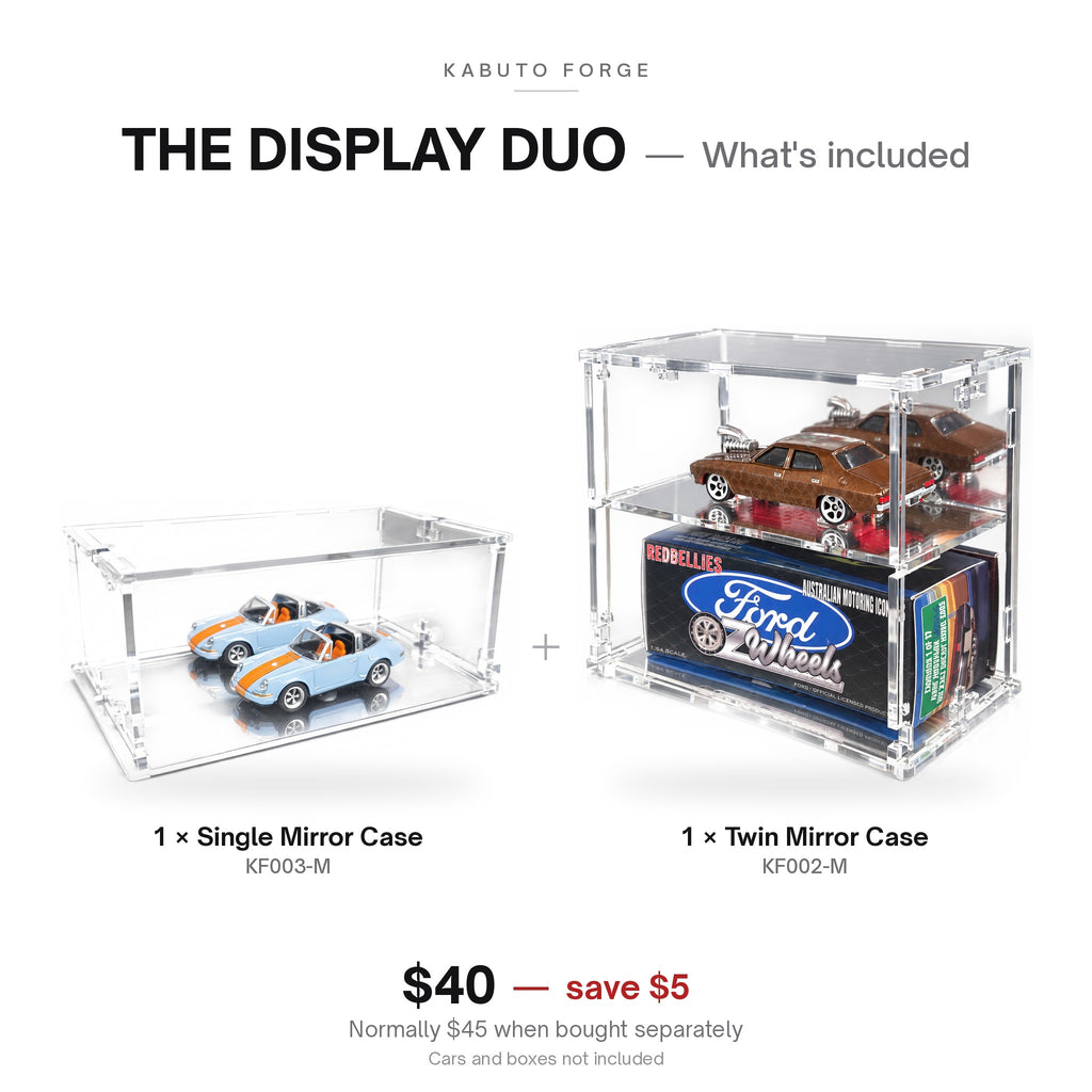 The Display Duo bundle: what's included - KF003-M mirrored single + KF002-M mirrored twin 1:64 display cases