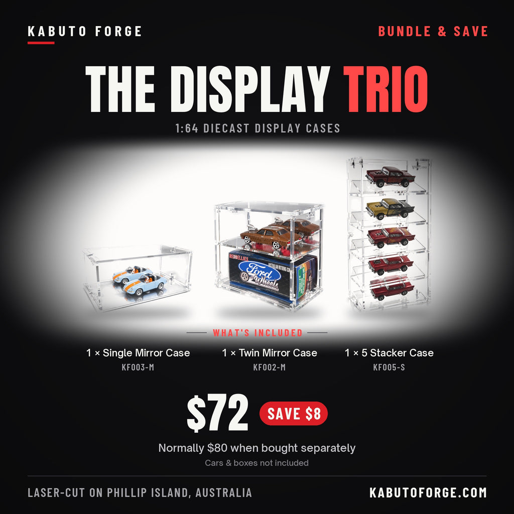 The Display Trio bundle: what's included - 1 × KF003-M Single Mirror Case, 1 × KF002-M Twin Mirror Case and 1 × KF005-S 5 Stacker Case, $72 (save $8)