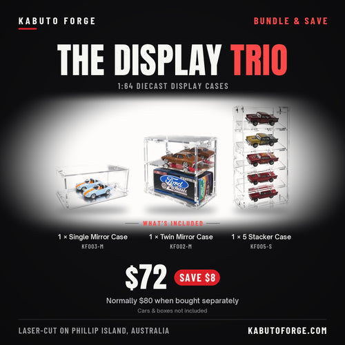 The Display Trio bundle: what's included - 1 × KF003-M Single Mirror Case, 1 × KF002-M Twin Mirror Case and 1 × KF005-S 5 Stacker Case, $72 (save $8)