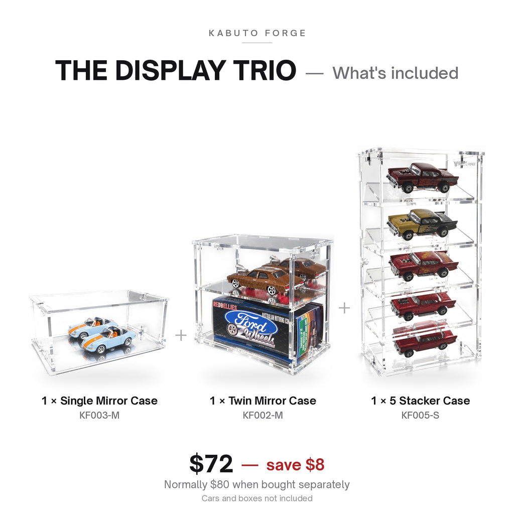 The Display Trio bundle: what's included - KF003-M mirrored single, KF002-M mirrored twin and 5 Stacker 1:64 display cases