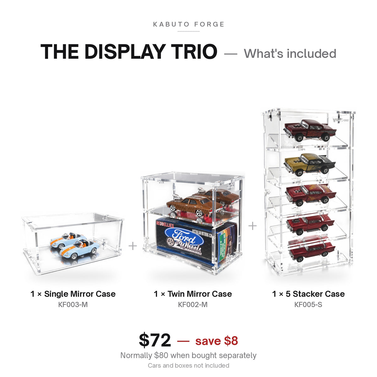 The Display Trio bundle: what's included - KF003-M mirrored single, KF002-M mirrored twin and 5 Stacker 1:64 display cases