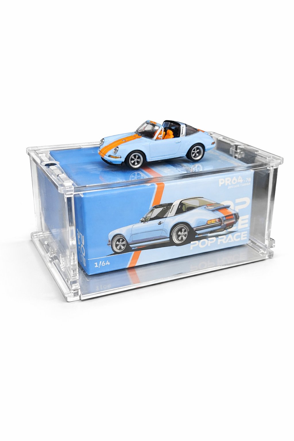 KF003-M single display case with a boxed Pop Race car inside and the loose car displayed on the lid
