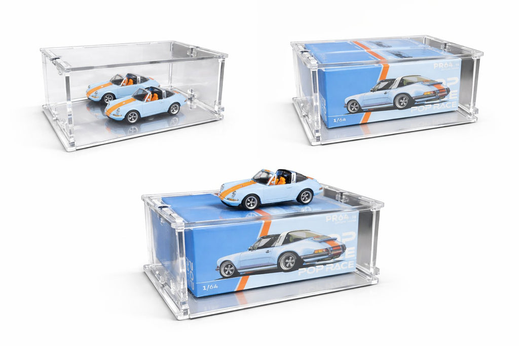 Three ways to use the KF003-M single case: loose car on mirror base, boxed car inside, boxed car with car on top