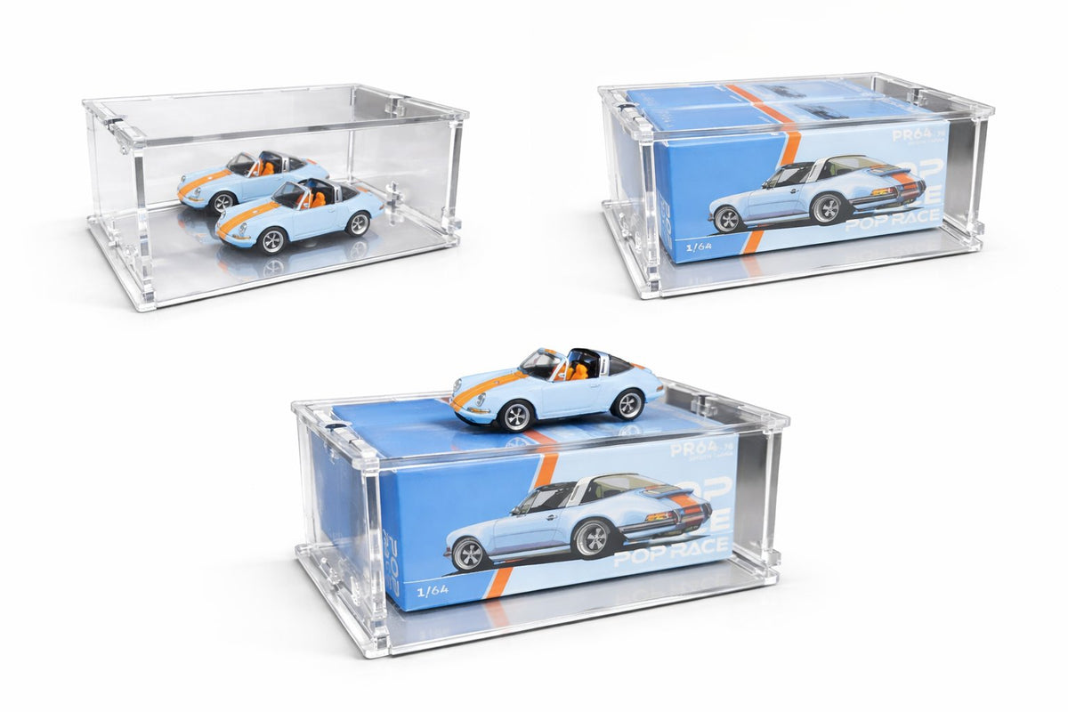 Three ways to use the KF003-M single case: loose car on mirror base, boxed car inside, boxed car with car on top