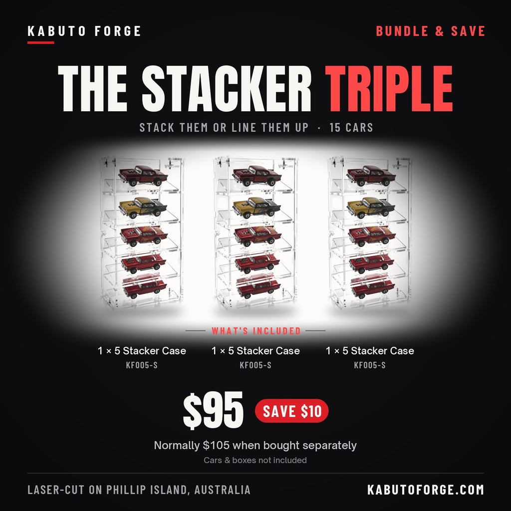 The Stacker Triple bundle: what's included - 3 × KF005-S 5 Stacker 1:64 display cases, 15 cars in total, $95 (save $10)