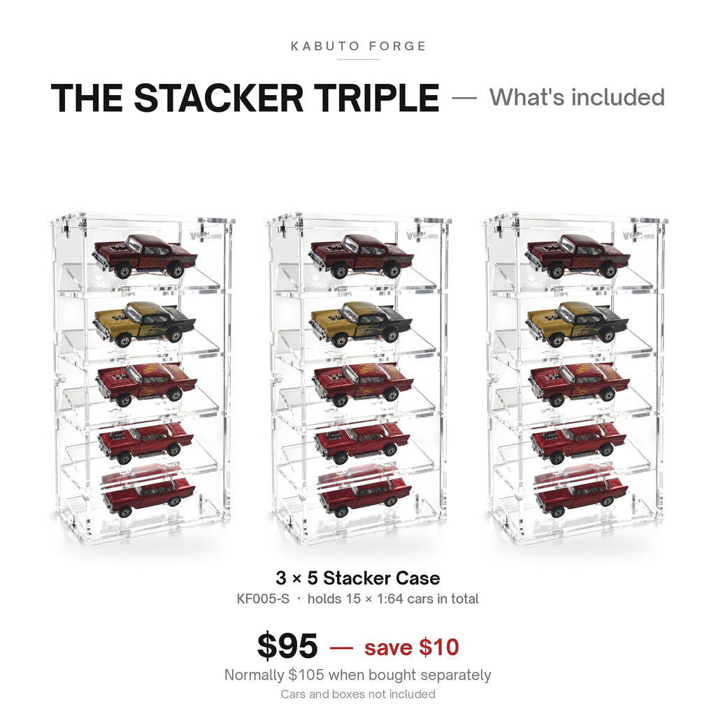 The Stacker Triple bundle: what's included - 3 × KF005-S 5 Stacker 1:64 display cases, 15 cars in total
